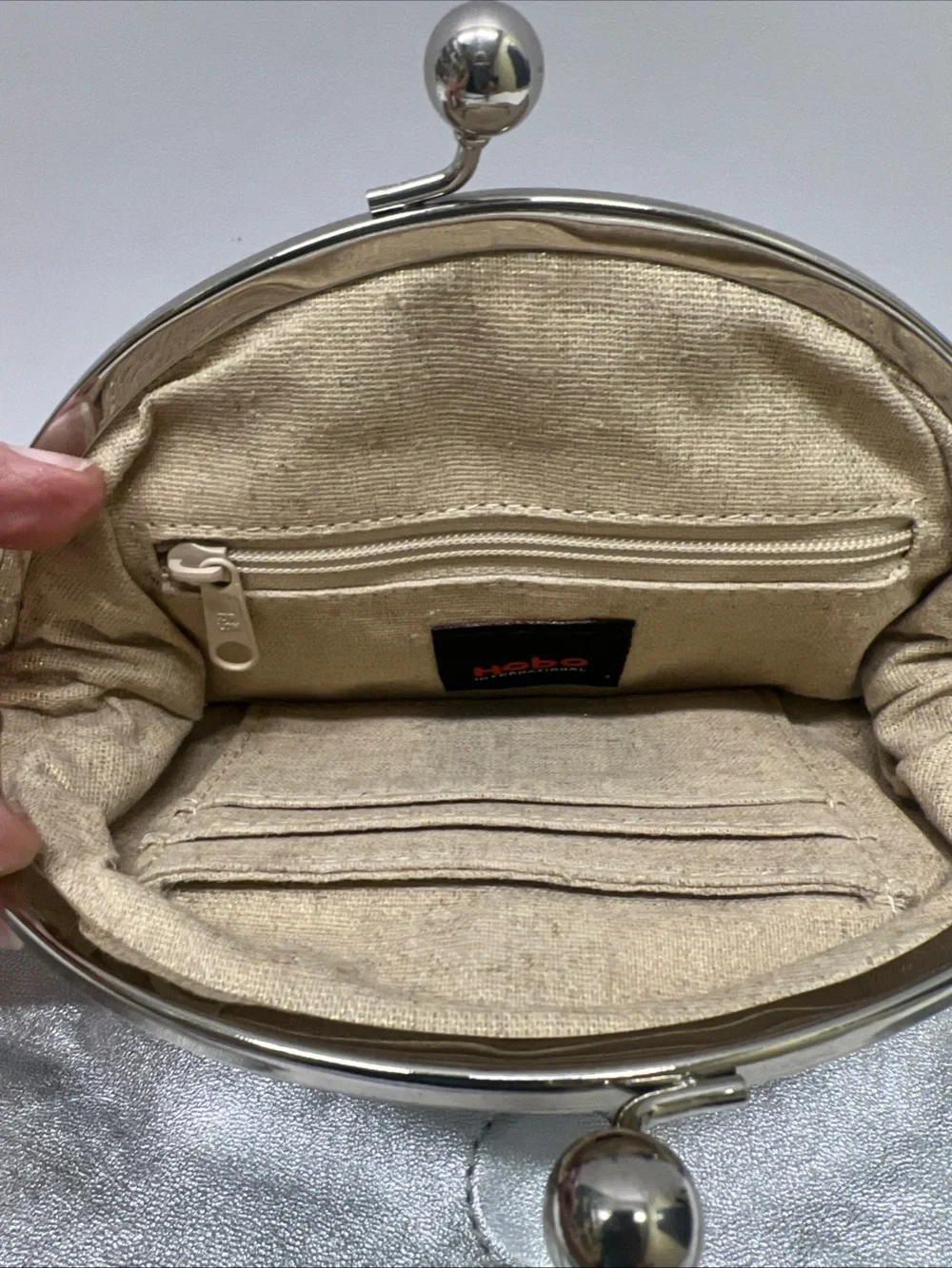 HOBO Lauren Metallic Silver Leather Kiss Lock Clutch Wallet